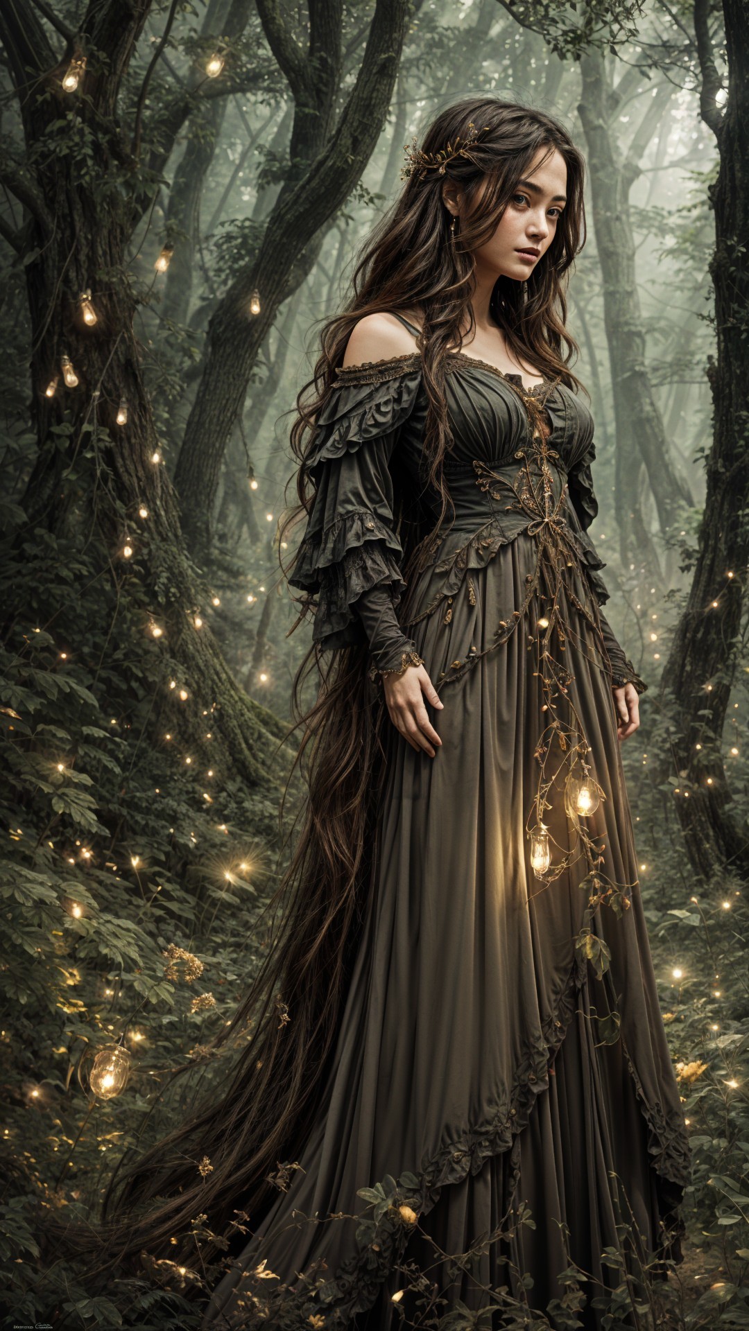 Young woman in dark gown in mystical forest setting