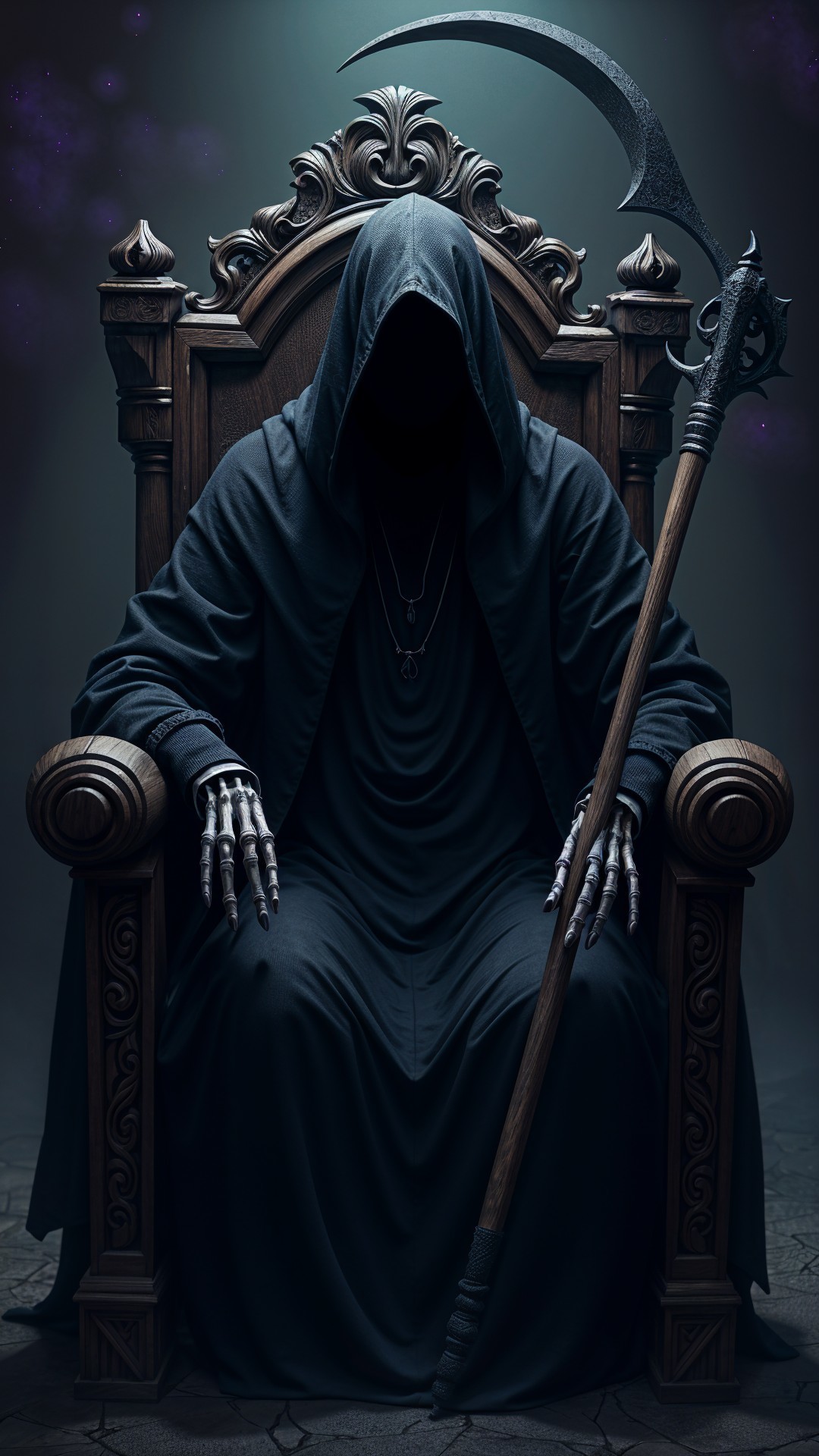 Mysterious Figure on Ornate Throne with Scythe