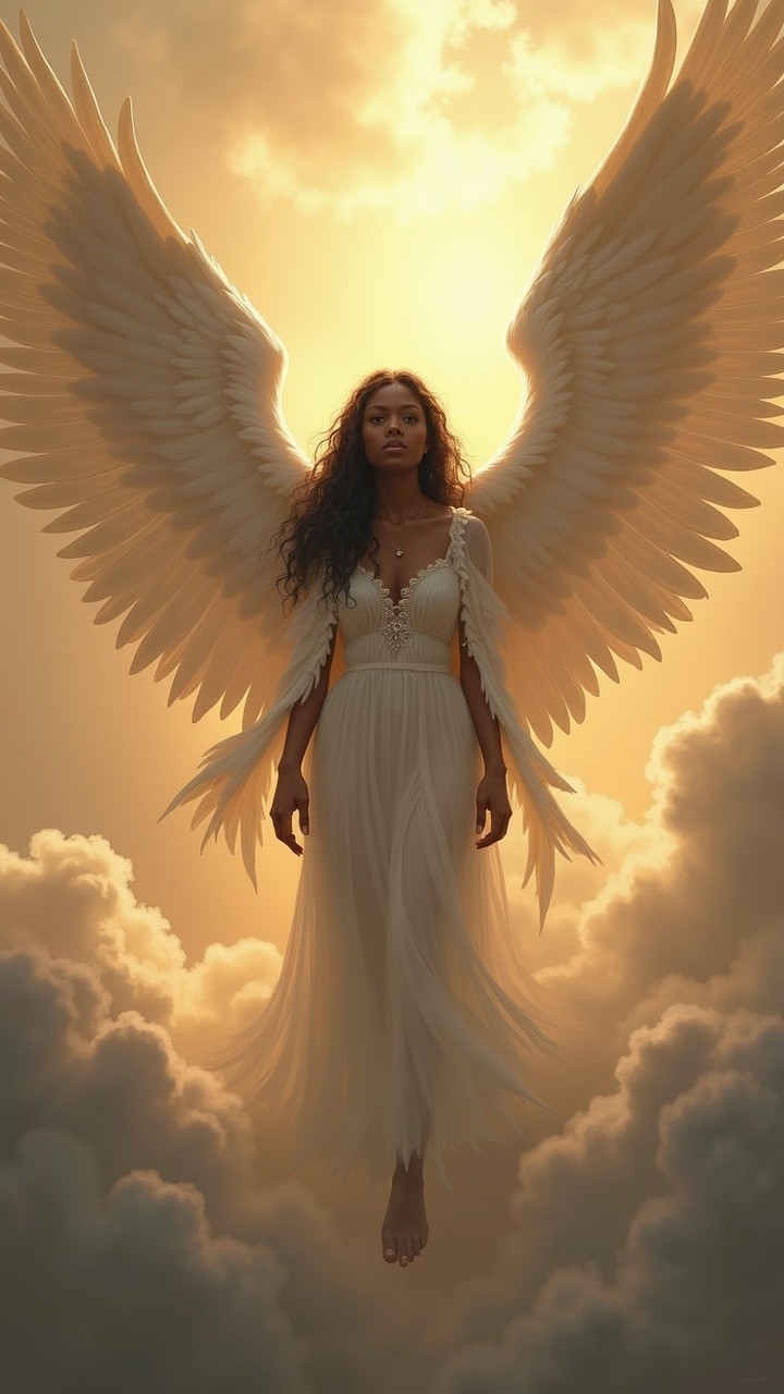 Celestial Figure with Wings in Golden Sky