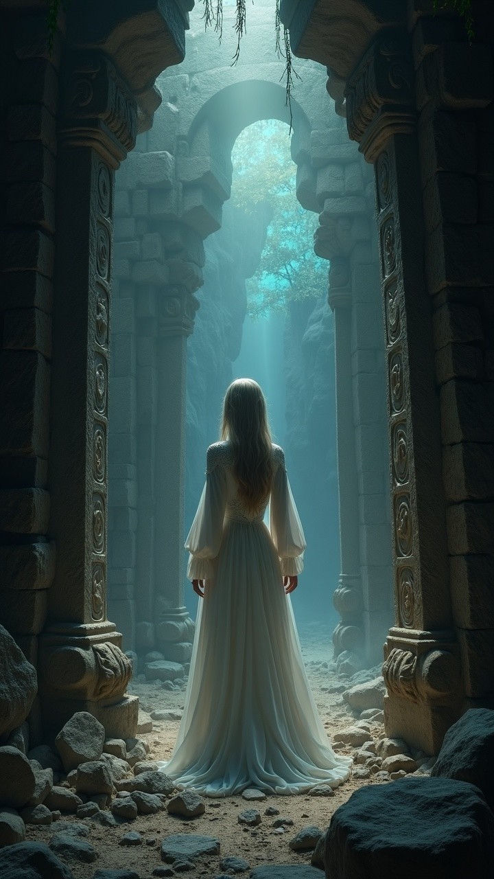 Mysterious Figure in Ancient Ruin with Ethereal Light