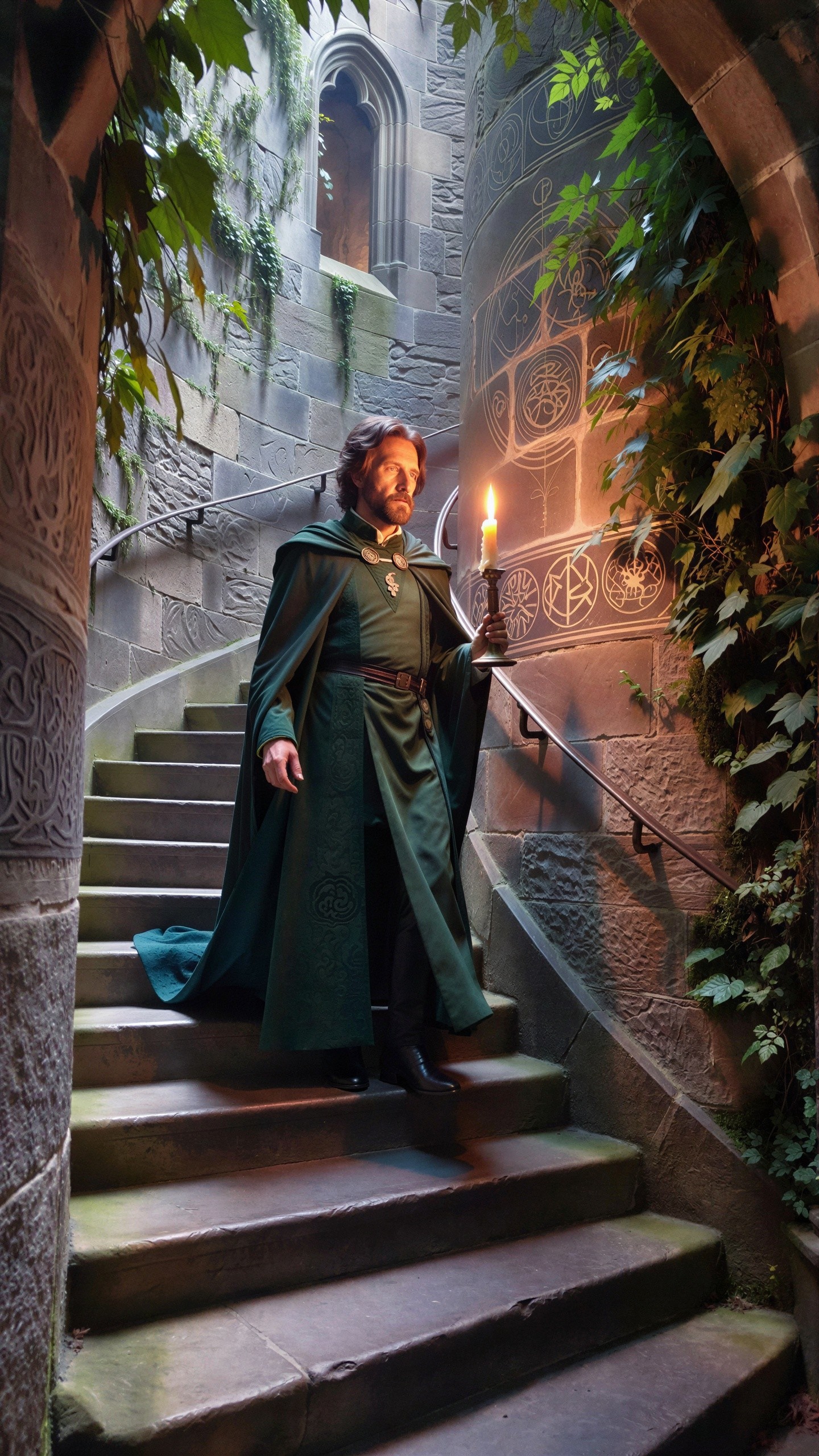 Adventurer in Green Robe on Castle Staircase