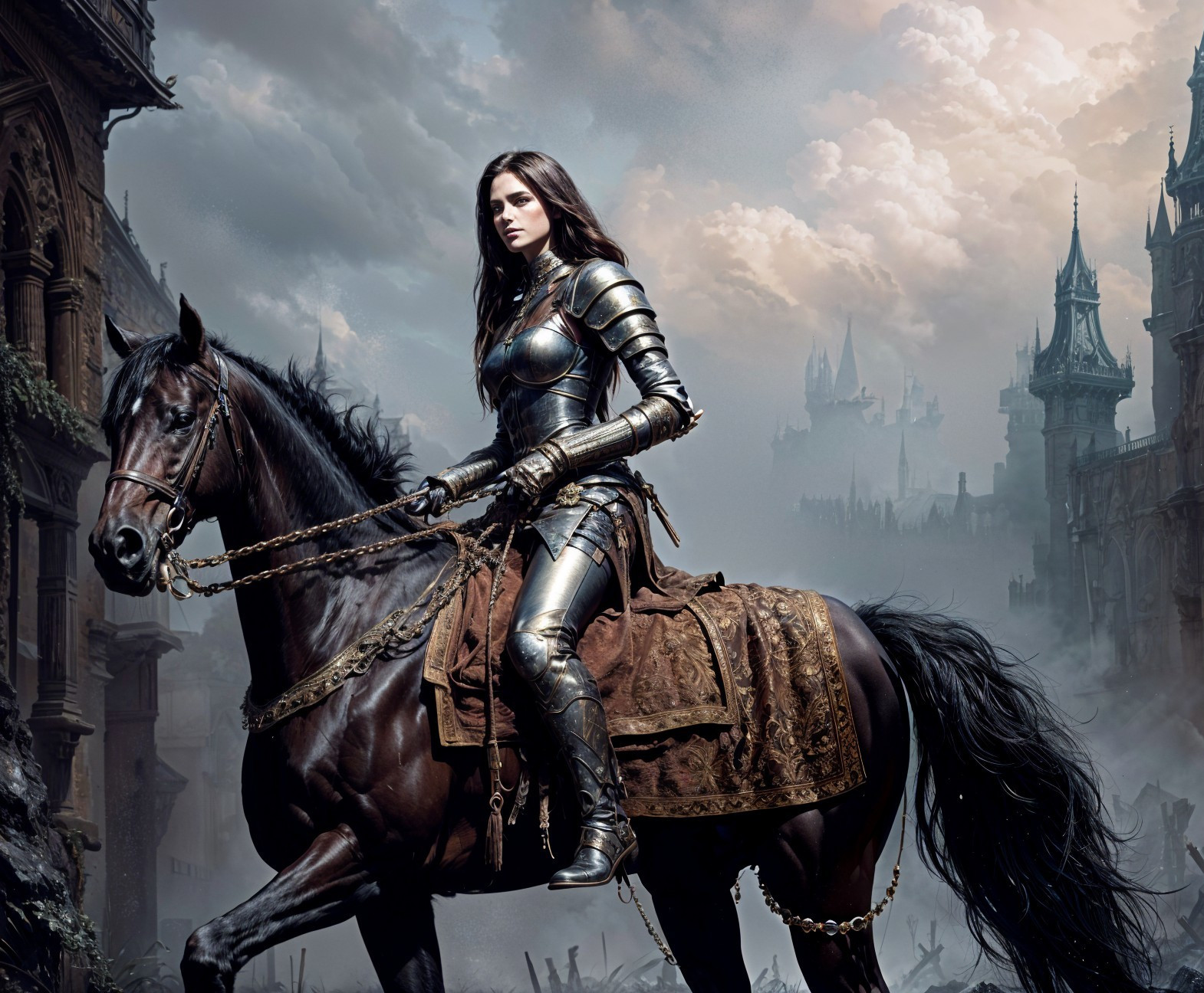 Fierce warrior on black horse in medieval landscape