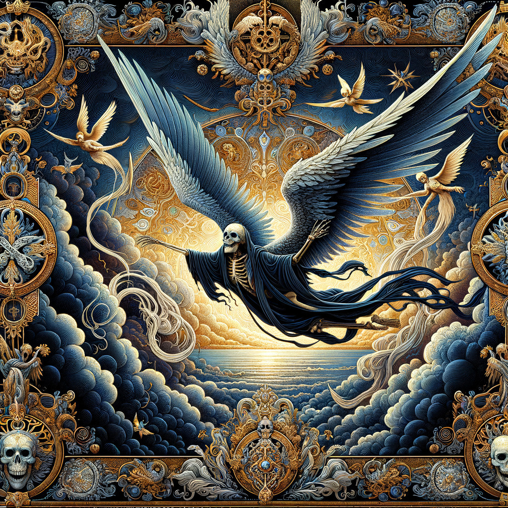 Skeletal Figure with Wings Above Tumultuous Clouds