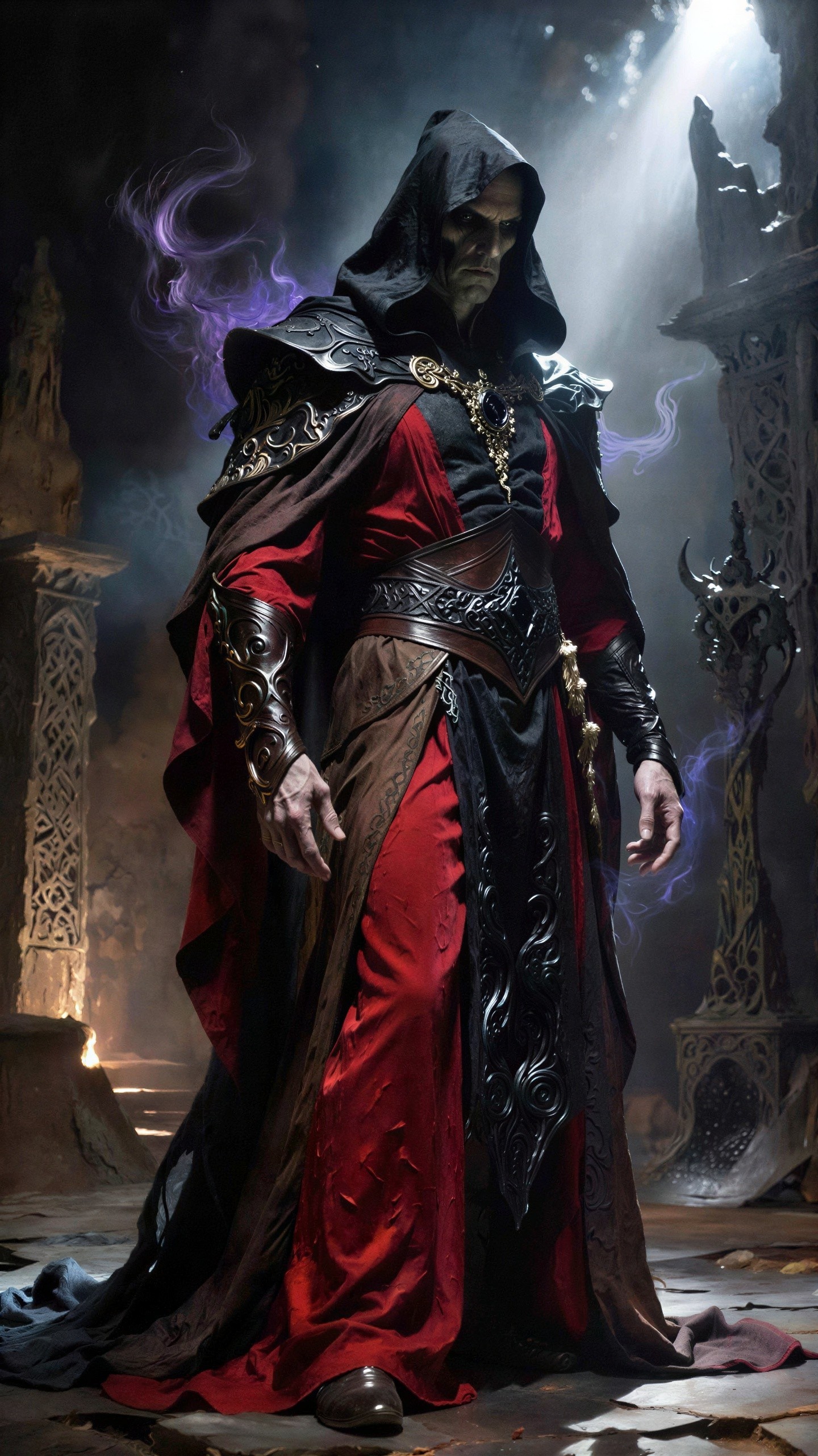 Tall Man in Dark Sorcerer Robes with Hooded Face
