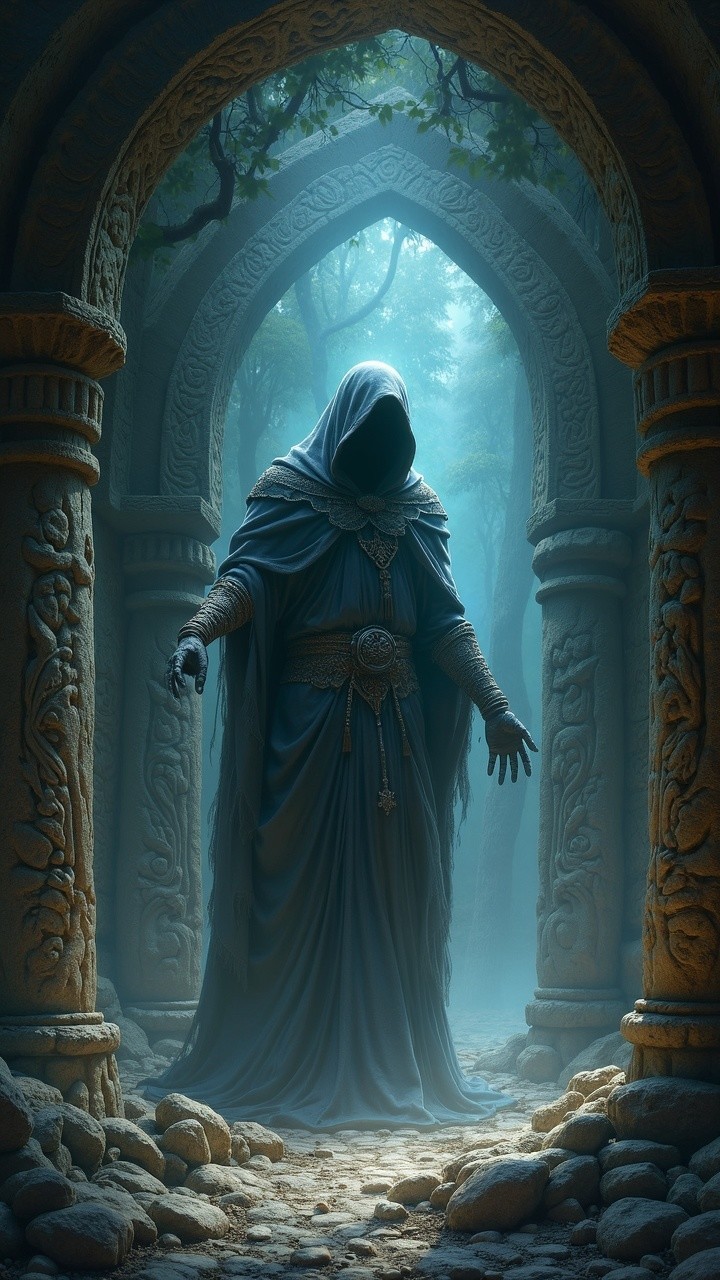 Cloaked Figure Under Ancient Archway in Mystical Forest