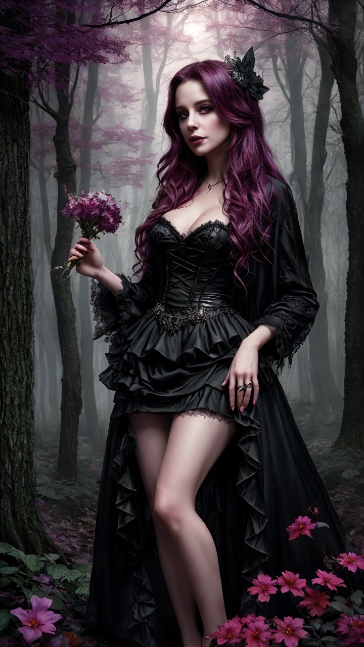 Mysterious Woman in Enchanting Forest with Flowers