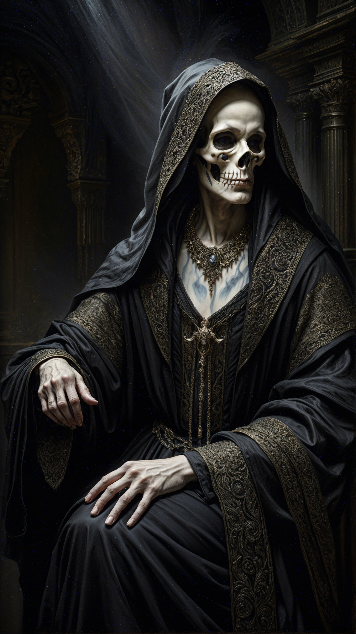 Skeletal Figure in Ornate Black Robe with Gothic Backdrop