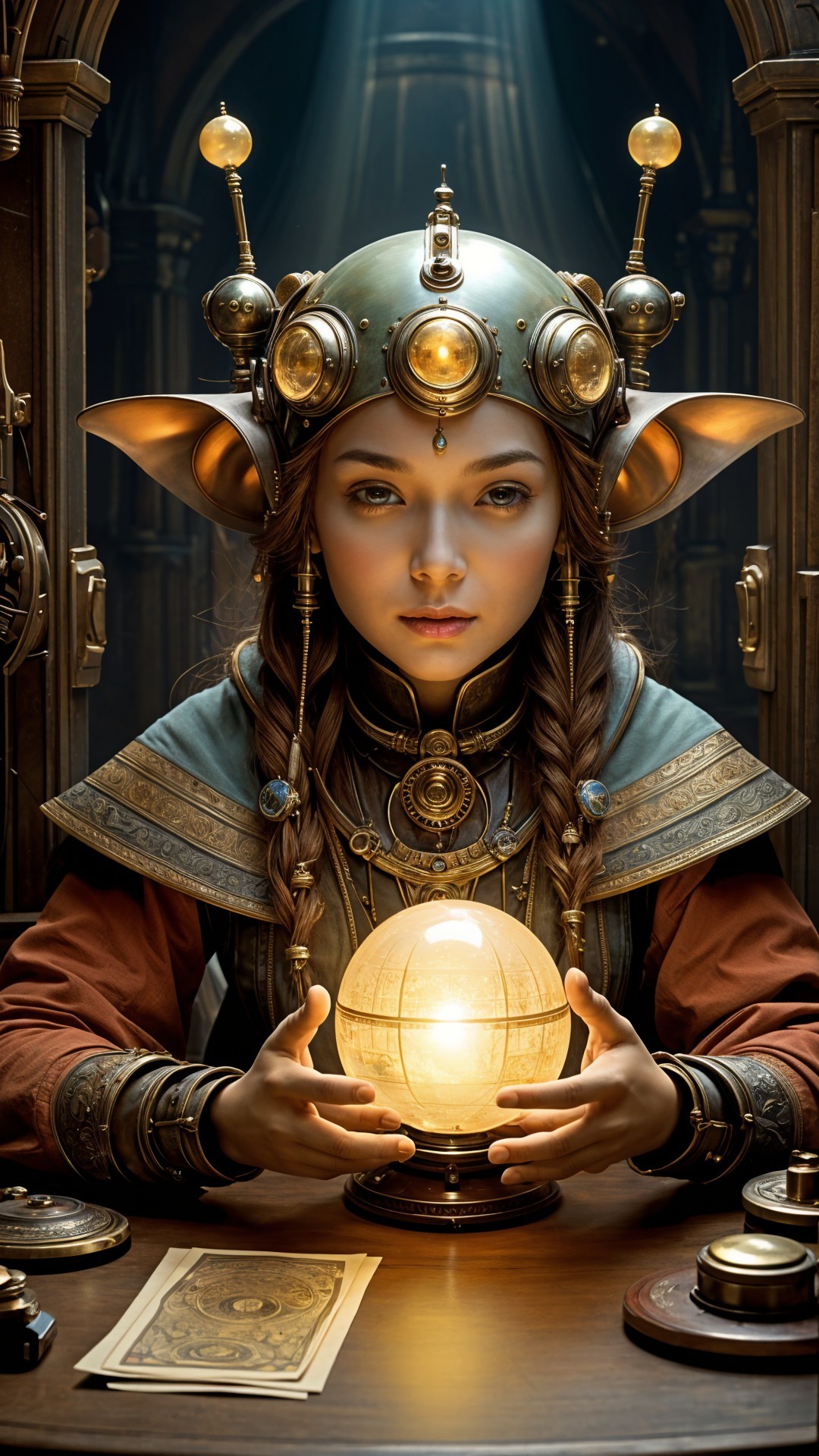 Young woman with pointed ears and steampunk headgear