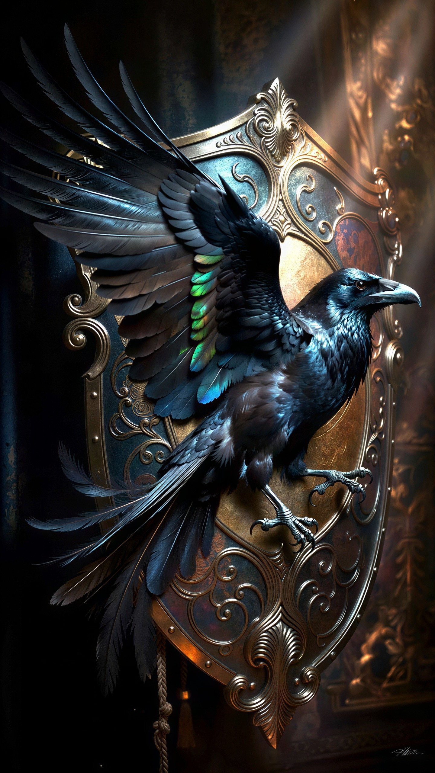 Dark Fantasy Raven on Ornate Shield Artwork