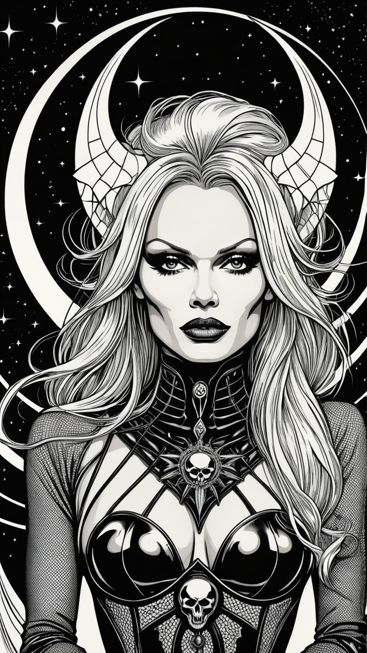 Black-and-white illustration of a powerful woman