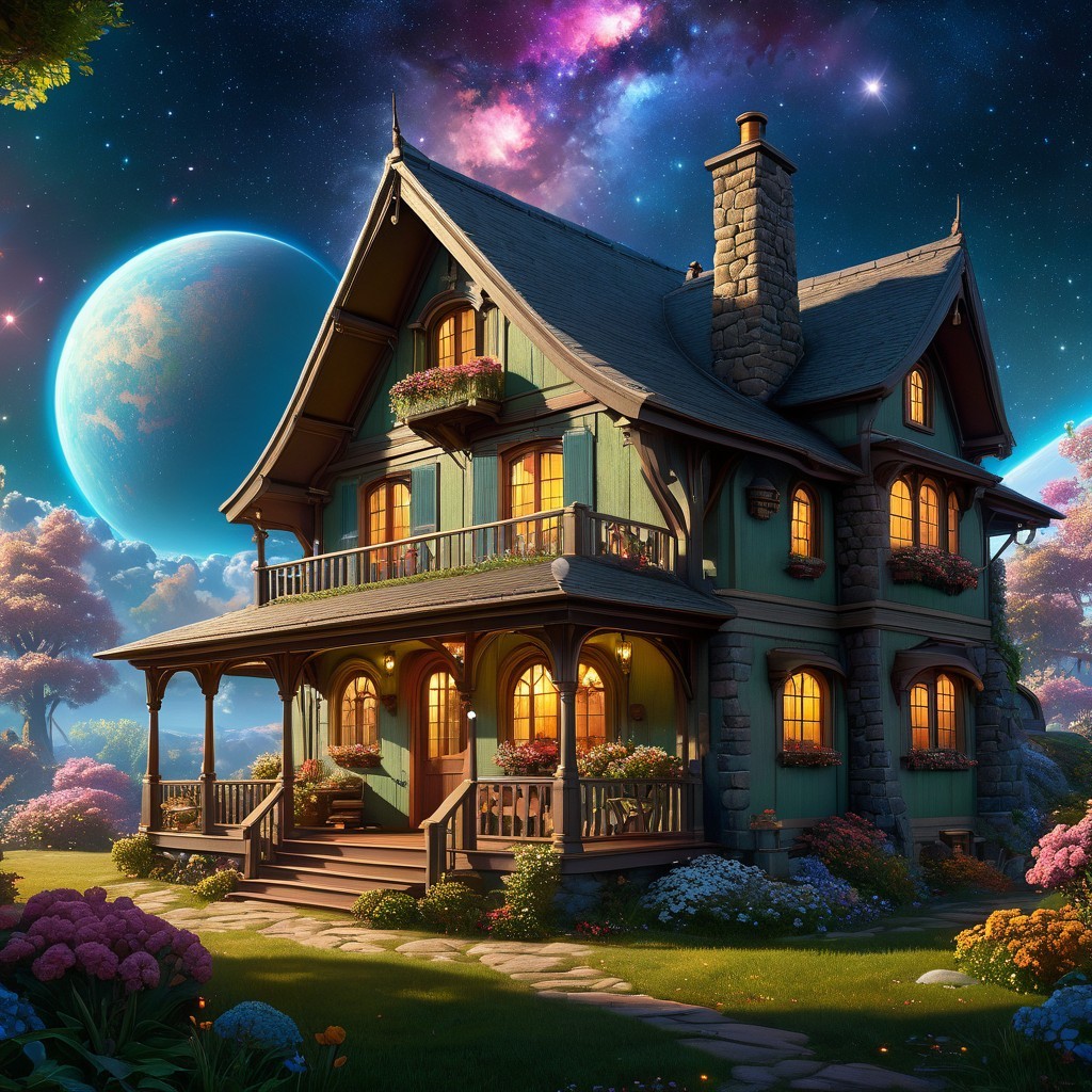 Fantasy Two-Story House Under Mystical Night Sky