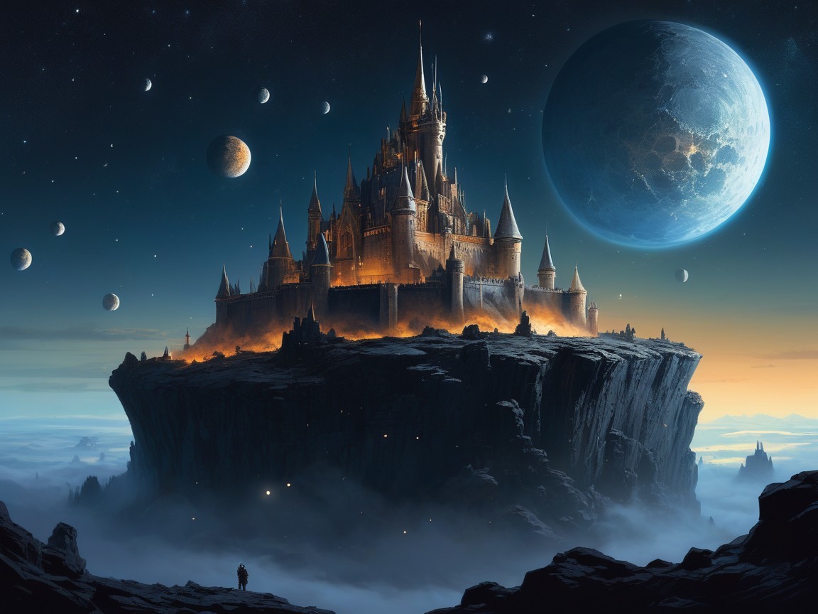 Majestic castle on rocky outcrop under starry sky