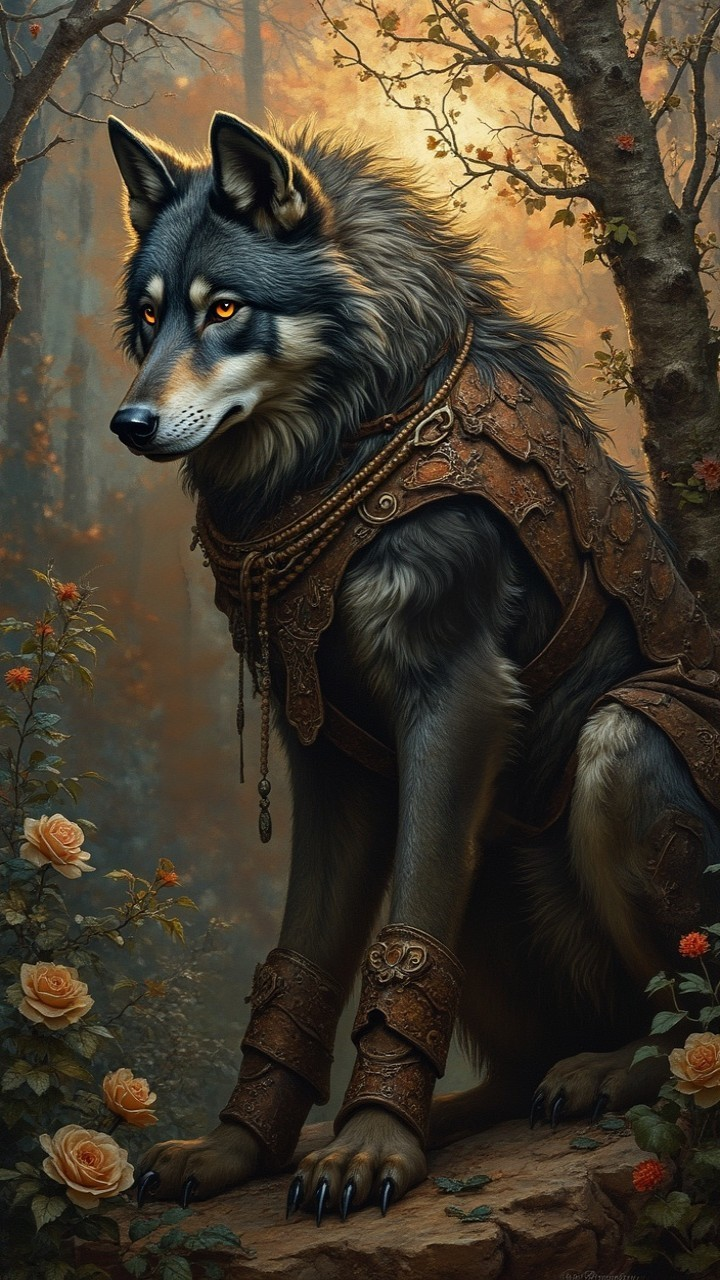 Wolf in Armor Surrounded by Roses in Mystical Forest