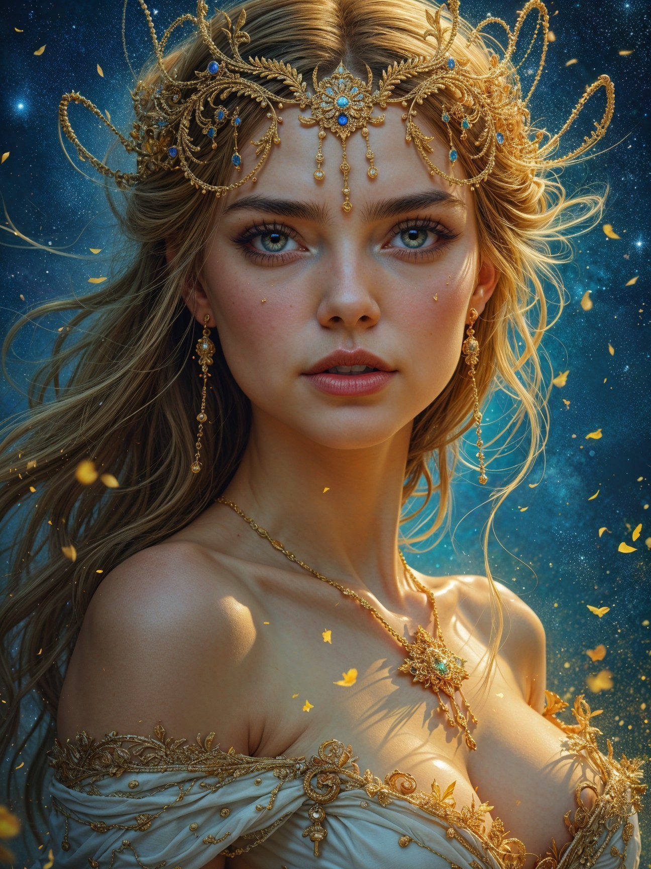 Elegant young woman in gown with golden jewelry
