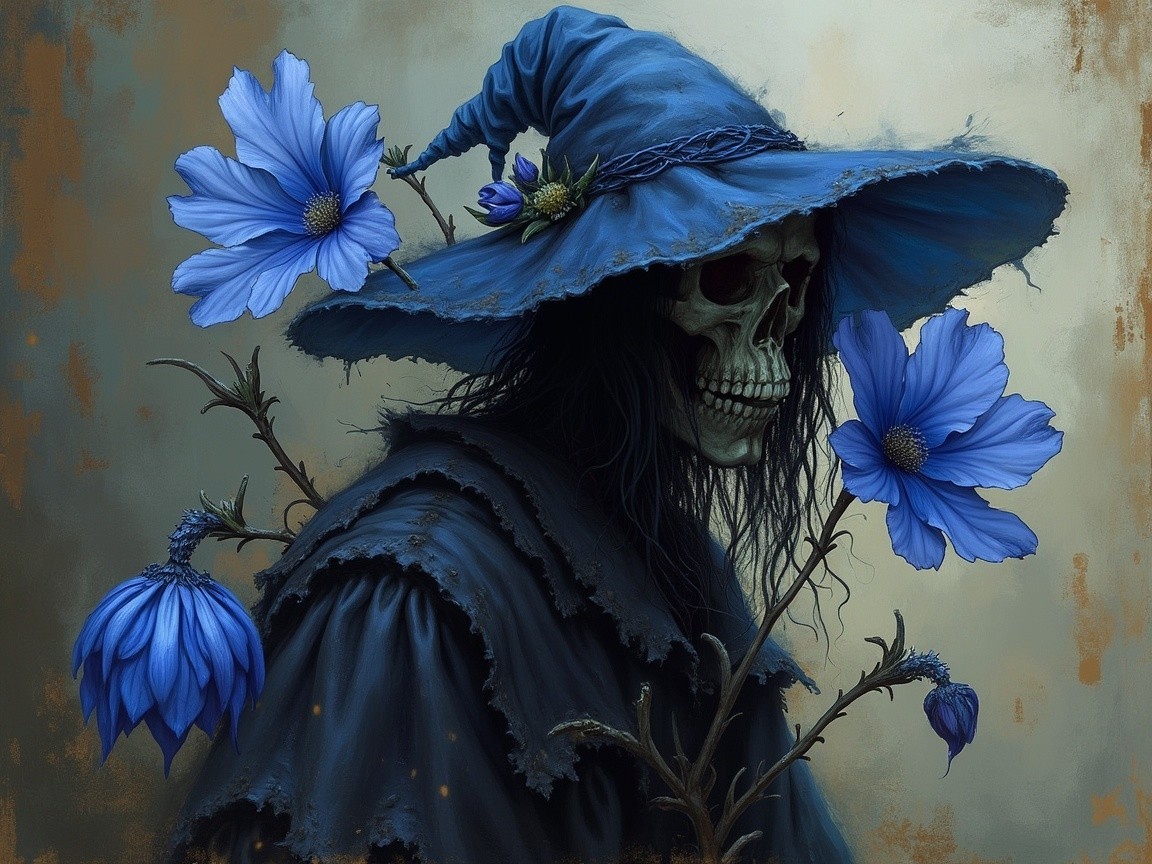 Skeletal Figure with Tattered Blue Witch's Hat and Flowers