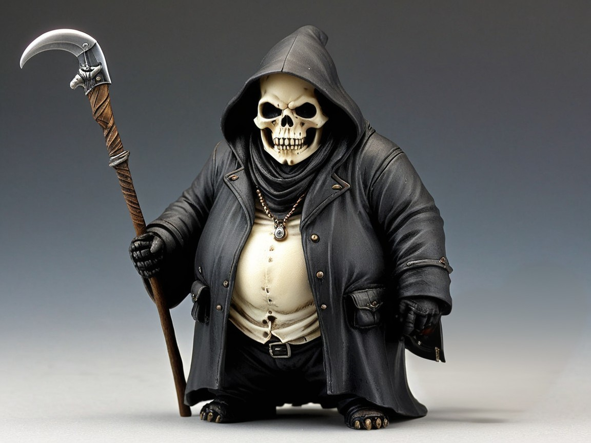 Stylized skeletal figure in dark hooded coat with scythe
