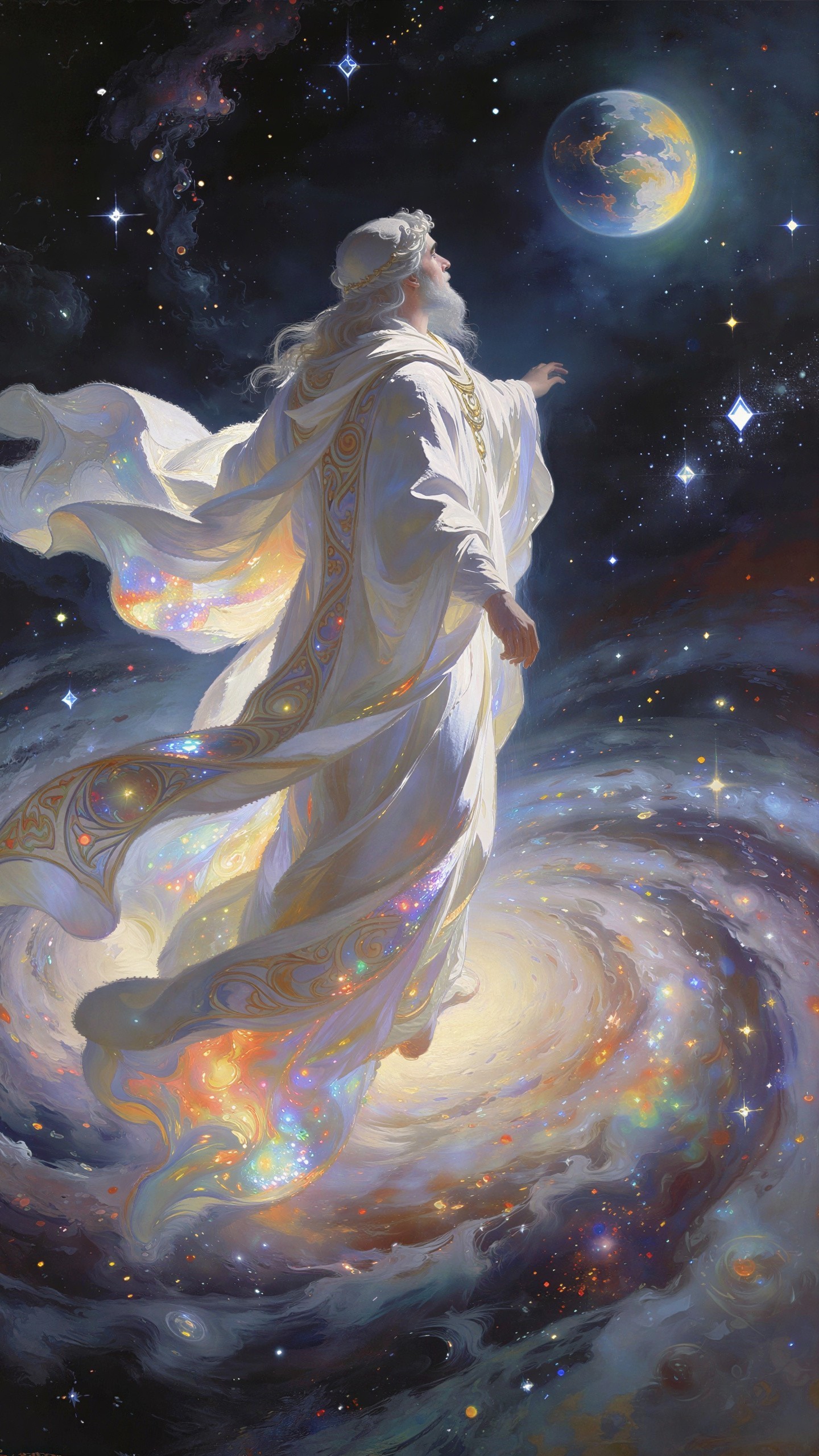 Majestic Male Figure in Cosmic Landscape with Earth and Moon