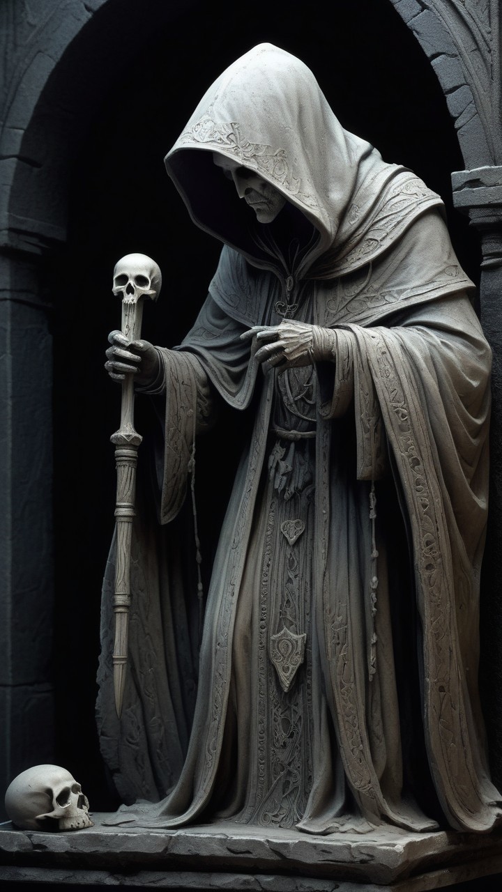 Cloaked Figure in Dim Archway with Skull Staff