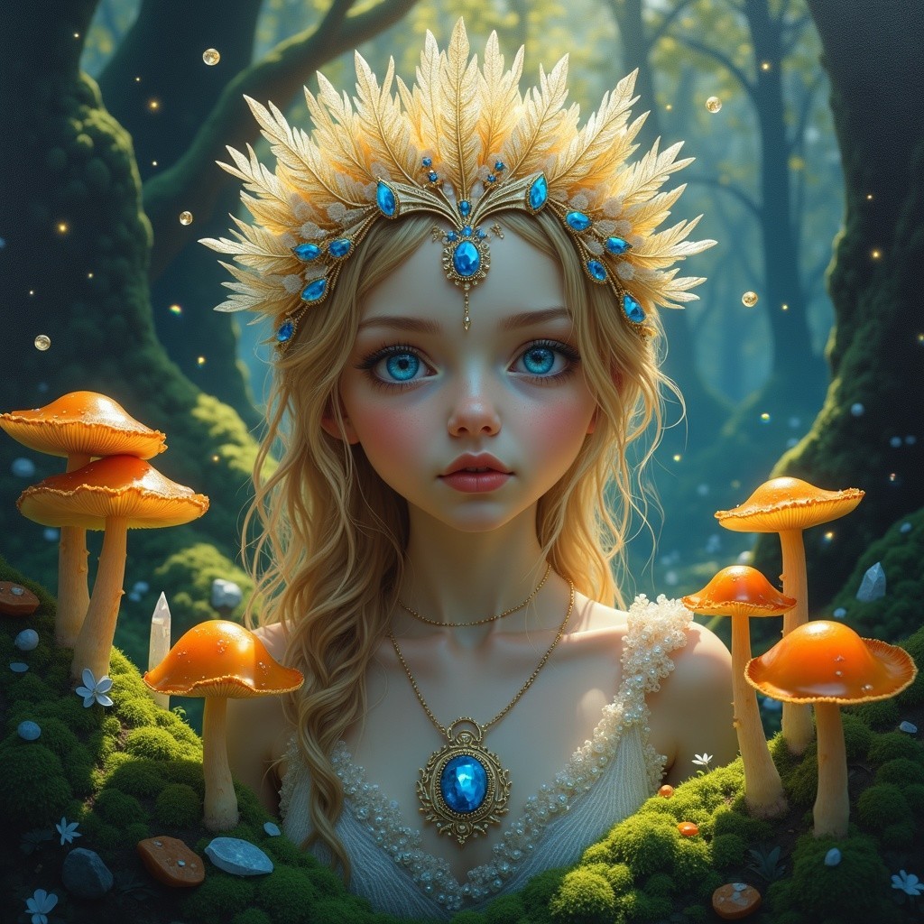 Mystical figure in a magical forest with a crown