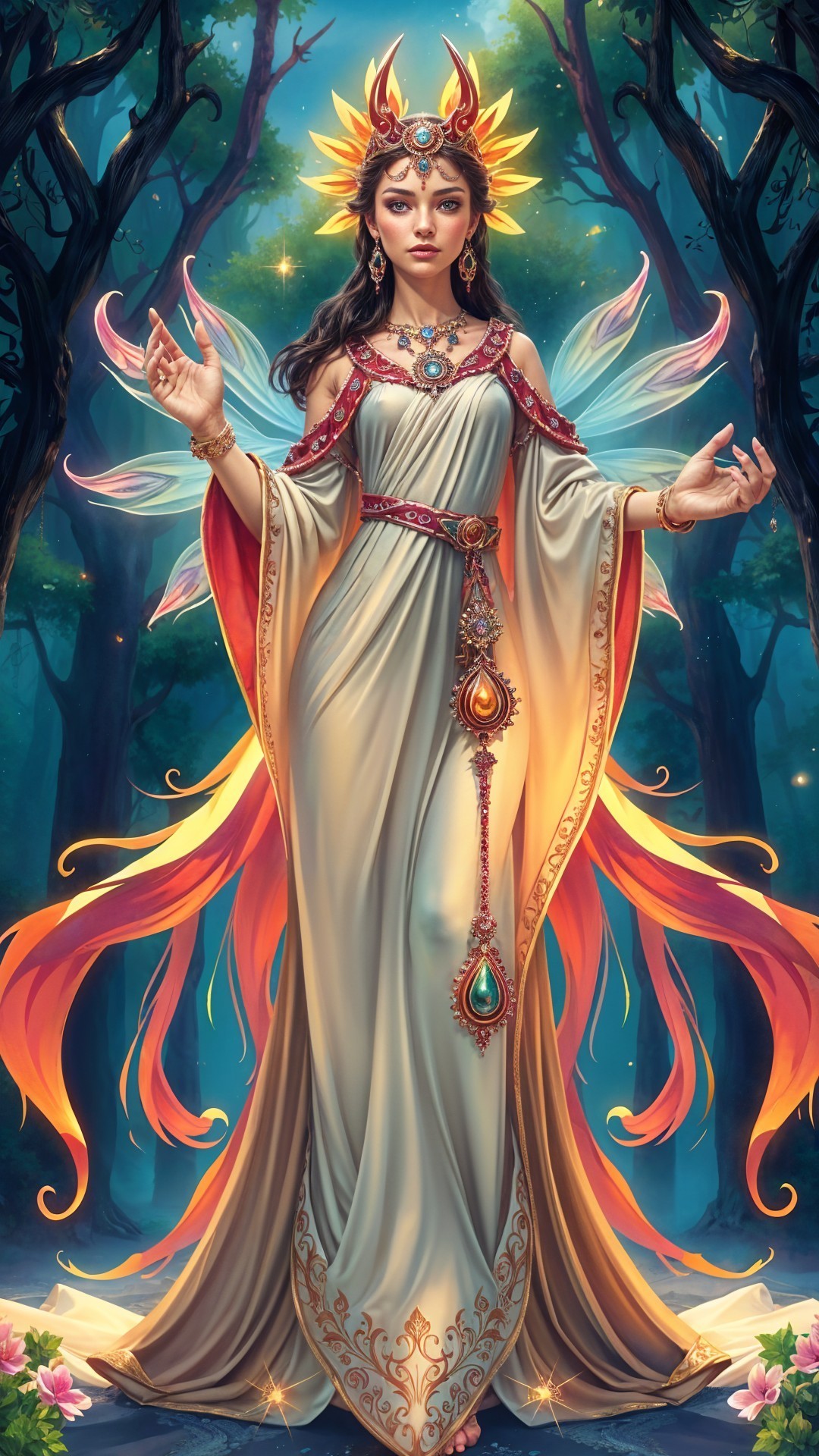 Majestic figure in enchanted forest with ethereal wings
