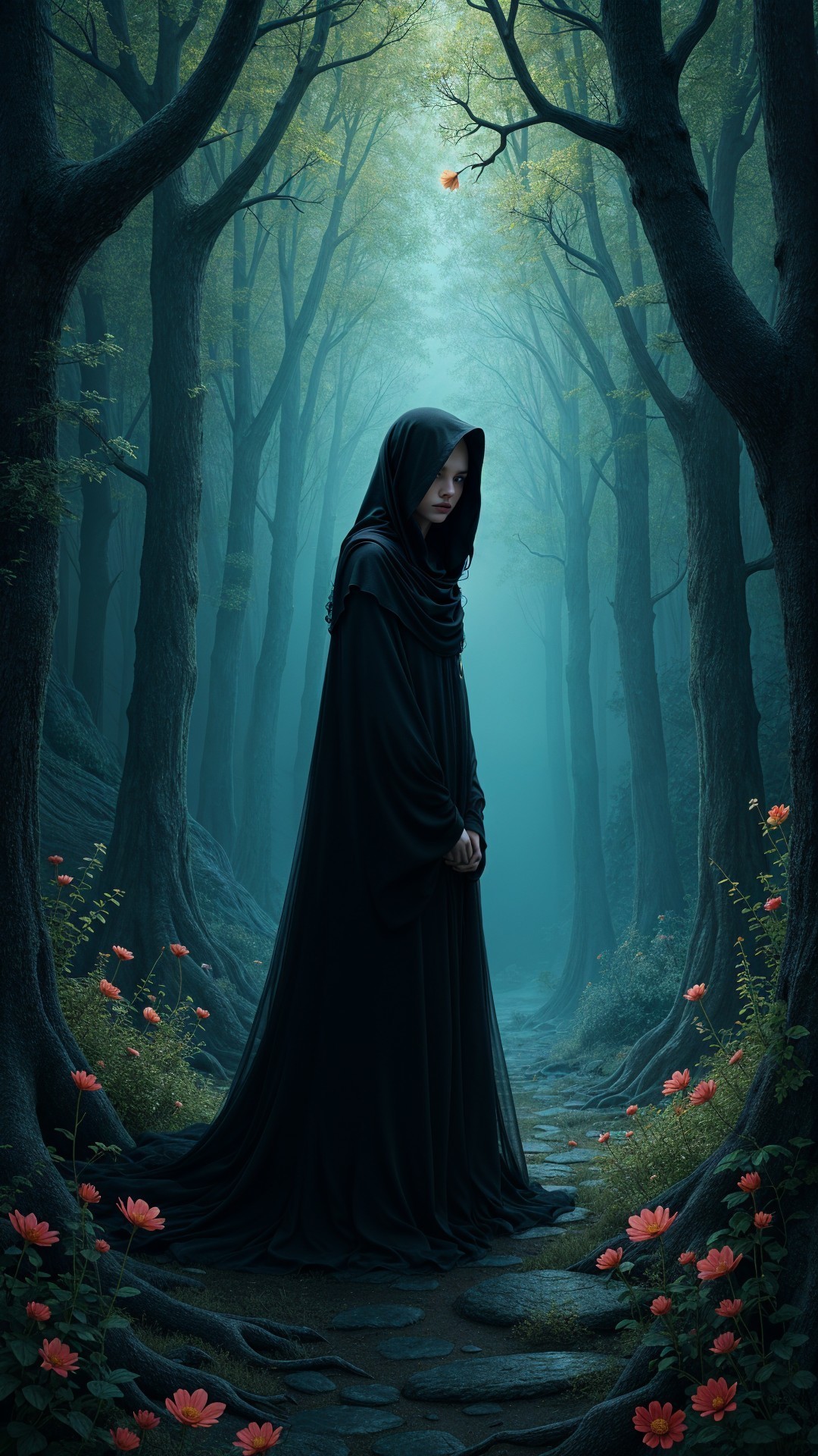 Mysterious Figure in Enchanted Forest Setting