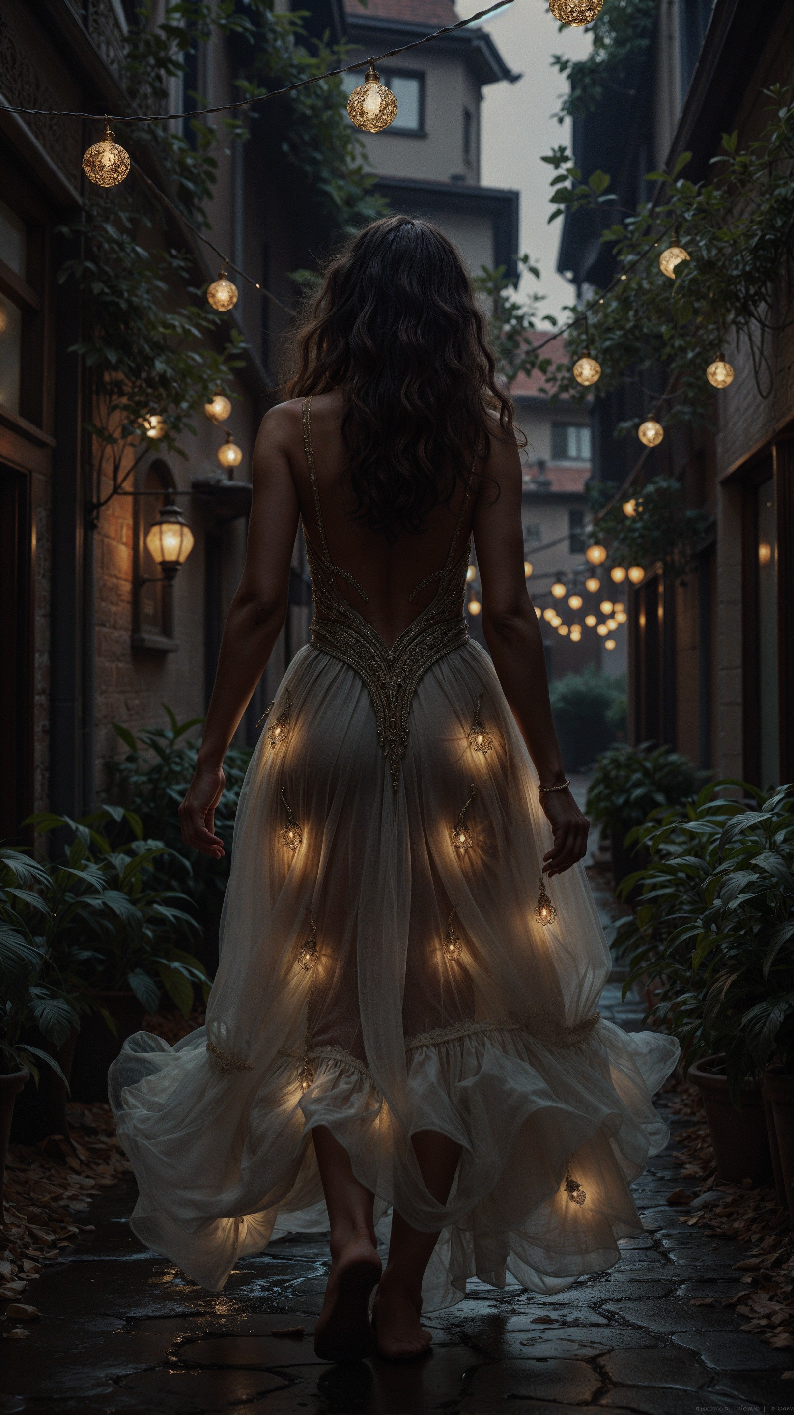Graceful woman in white dress in picturesque alley