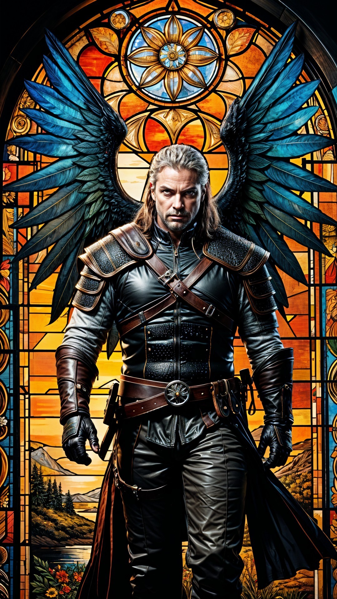 Muscular Figure in Dark Armor with Black Wings and Stained Glass
