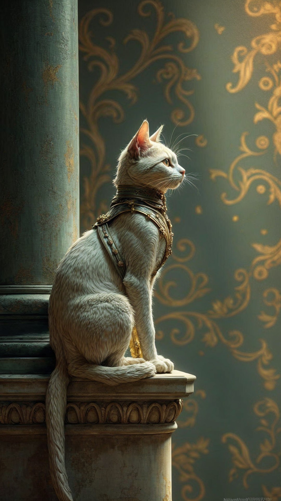 Regal White Cat on Pedestal with Ornate Background