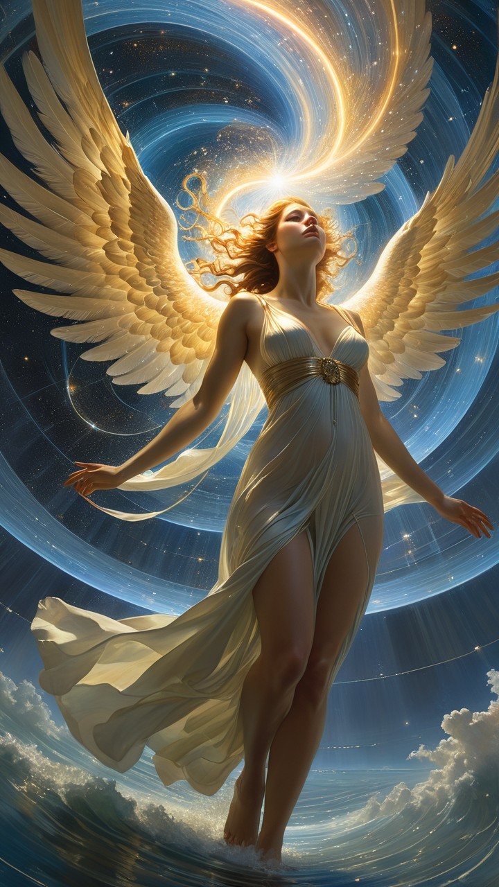 Celestial Figure with Golden Wings in Cosmic Scene