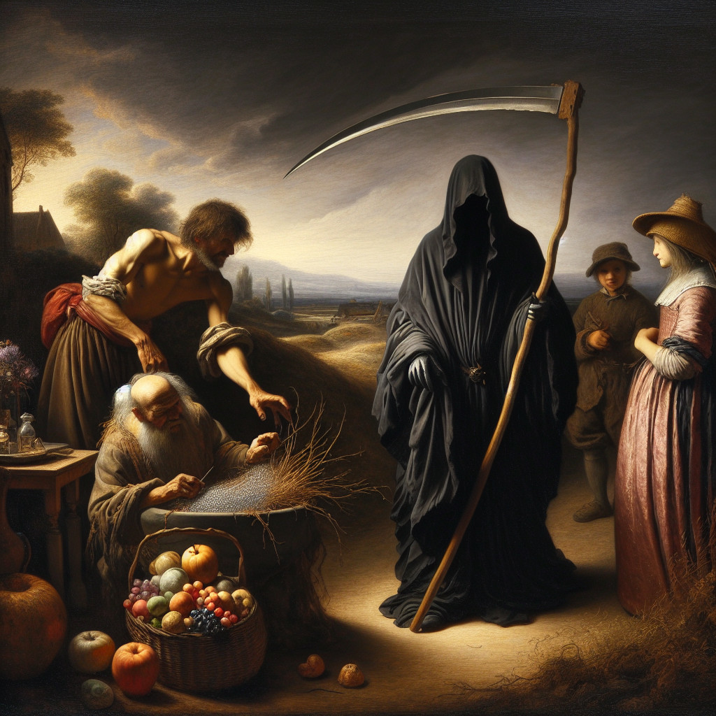 Cloaked Figure of Death Observes Life's Interactions