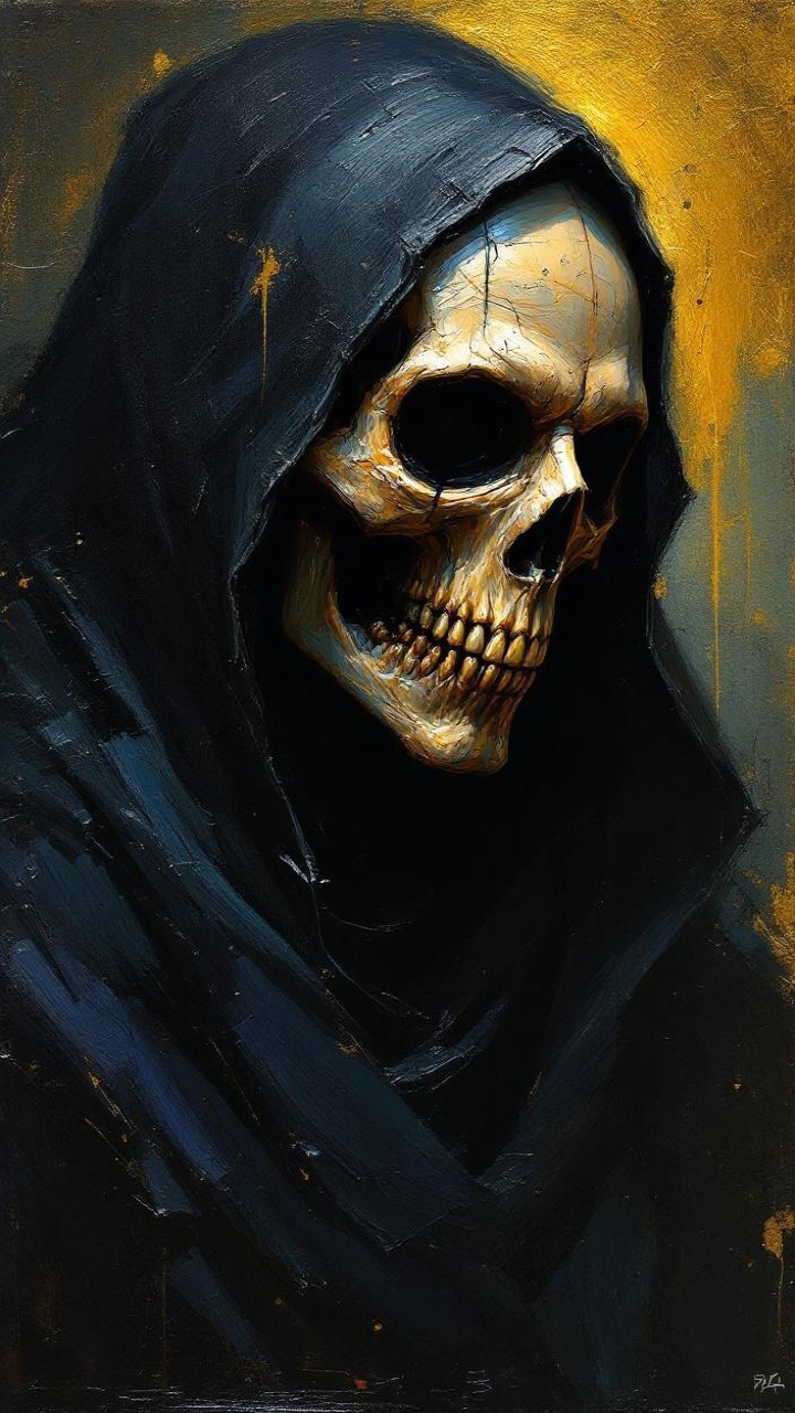 Portrait of a Skull in Dark Hood with Golden Background