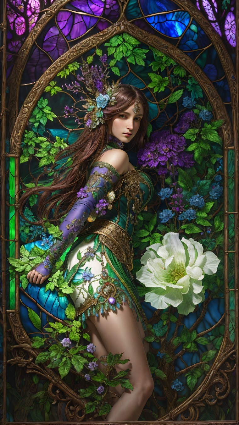 Mystical Woman in Floral Headdress Among Stained Glass
