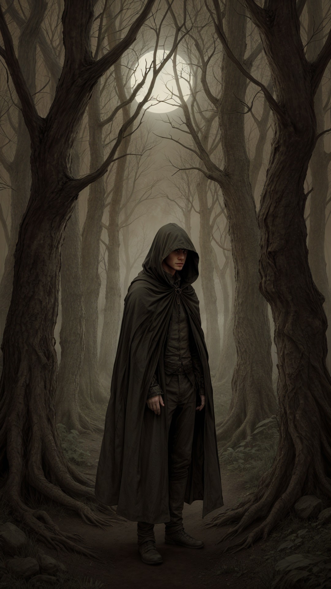 Cloaked Figure in a Misty Forest Scene