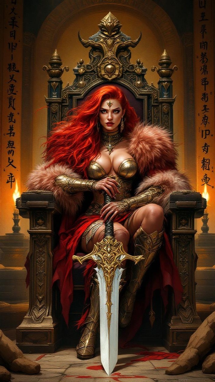 Warrior Queen on Throne with Sword and Symbols