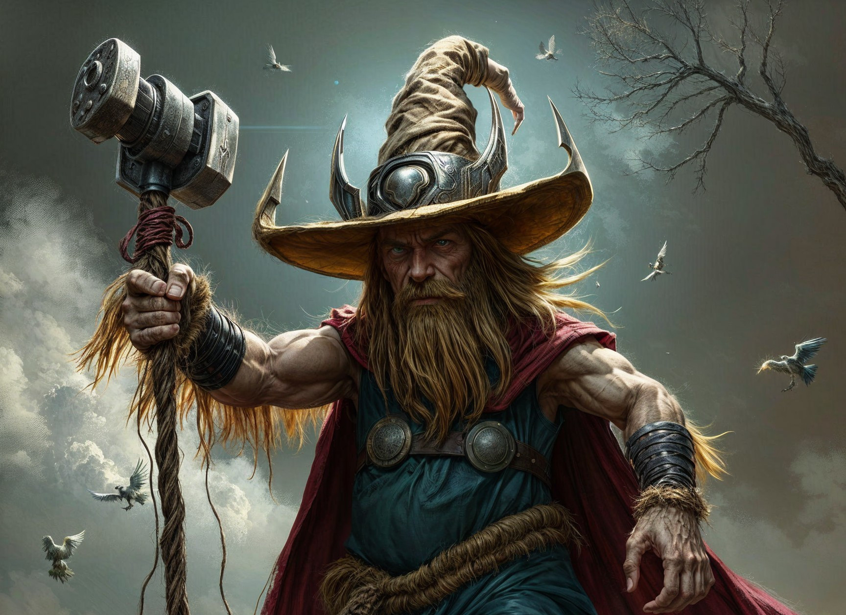 Mythical figure with hammer in dramatic setting