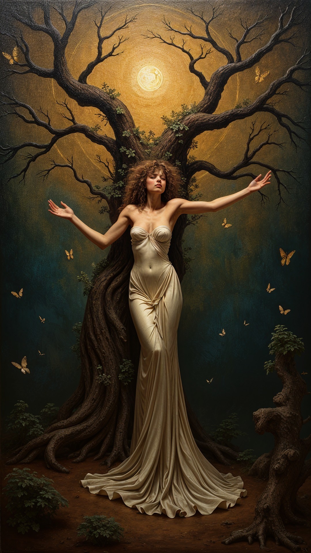 Mystical scene of a woman by an ancient tree