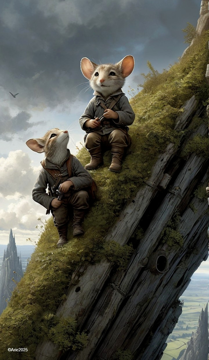 Mice in Rugged Clothing on Rocky Cliffside Landscape