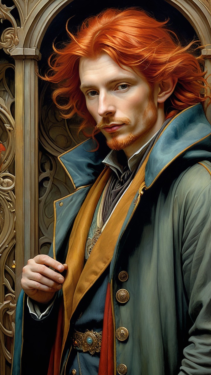 Young man with red hair in elegant layered coat
