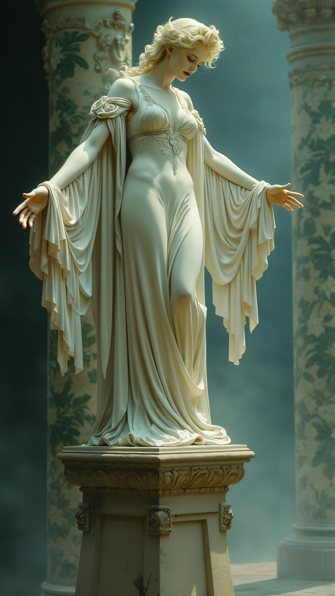 Elegant Statue of Woman in Draped Robes and Columns