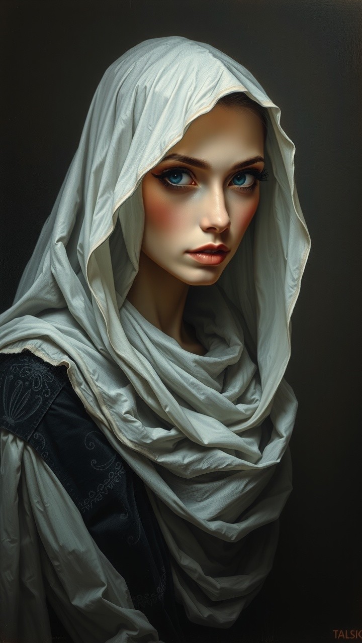 Portrait of a Young Woman in Flowing White Scarf