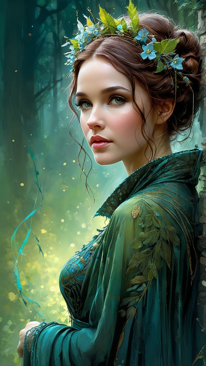 Young woman in emerald gown in mystical forest setting