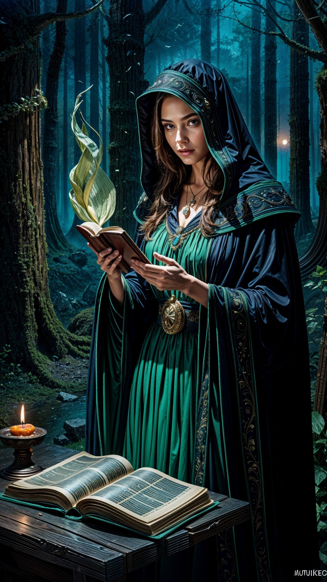 Young Woman Reading Ancient Book in Mystical Forest