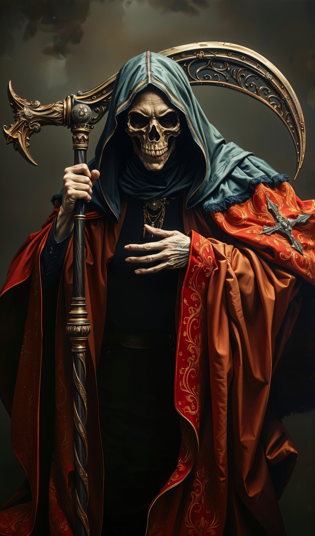 Cloaked Figure with Skeletal Face and Ornate Scythe