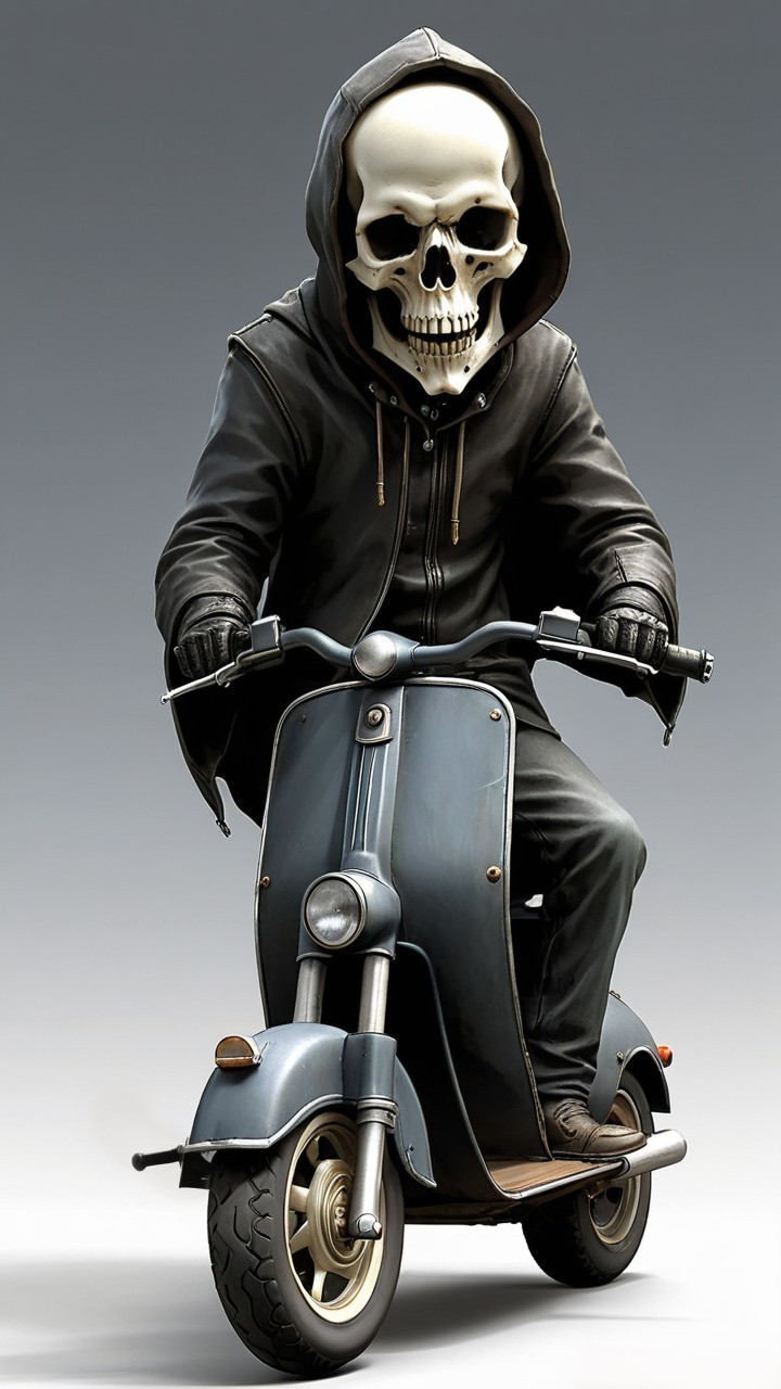 Gothic Skull Rider on Vintage Scooter in Dark Setting