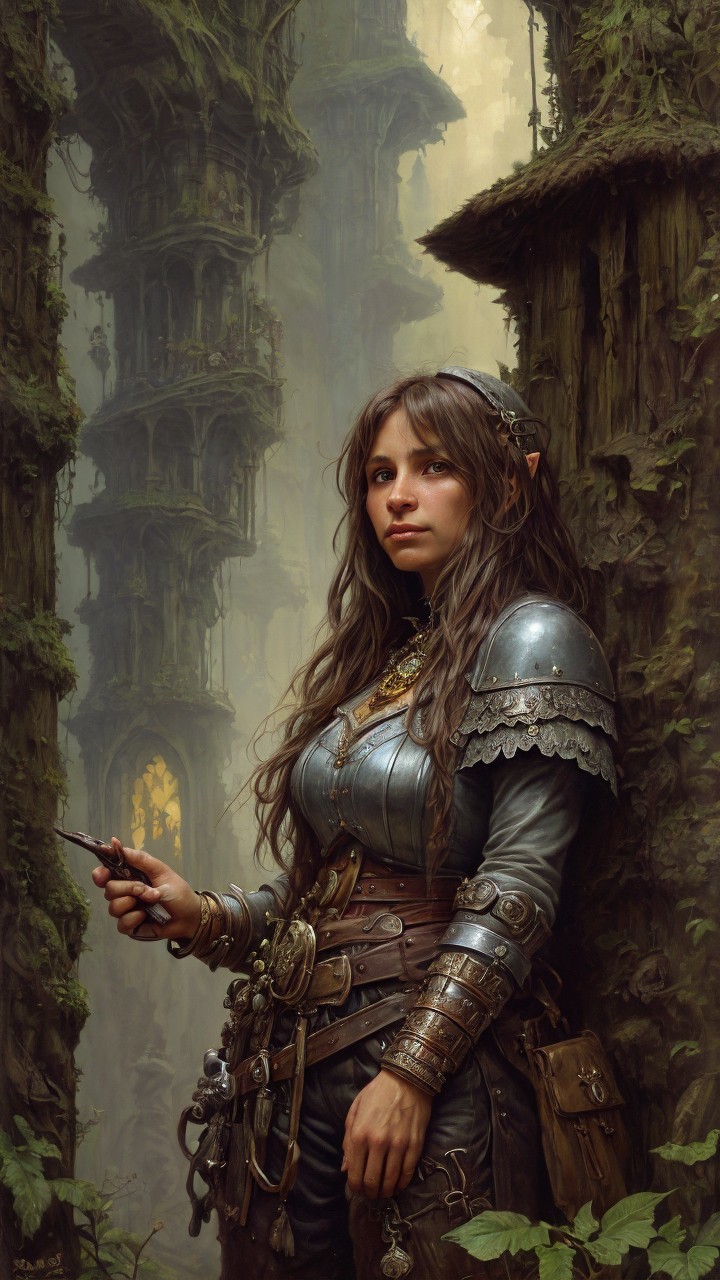 Elf in Mystical Forest with Ancient Structures and Wand