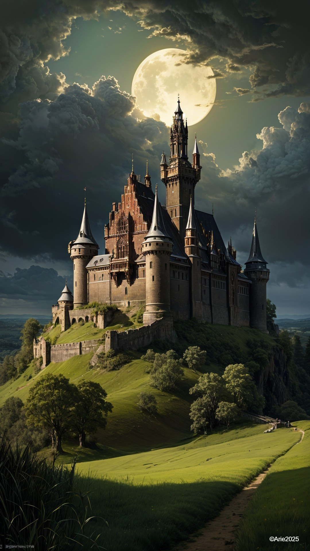 Medieval Castle on a Hill with Dramatic Sky and Moon