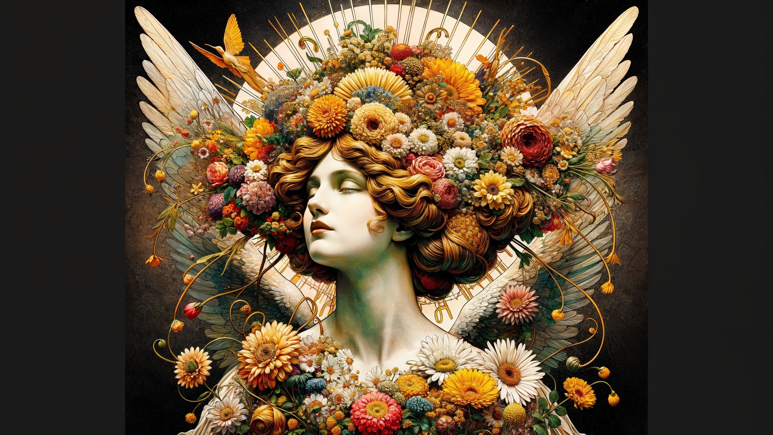 Ethereal Figure with Floral Crown and Delicate Wings