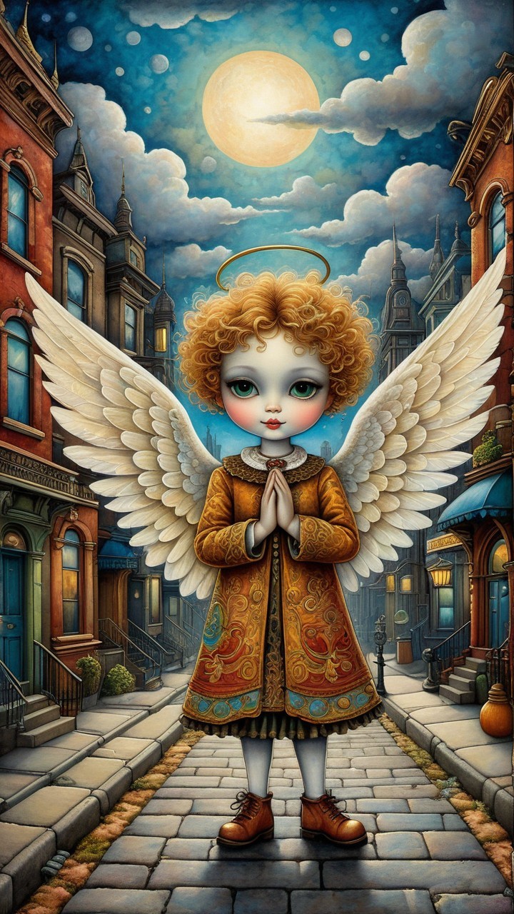 Whimsical Angel on Cobblestone Street at Night