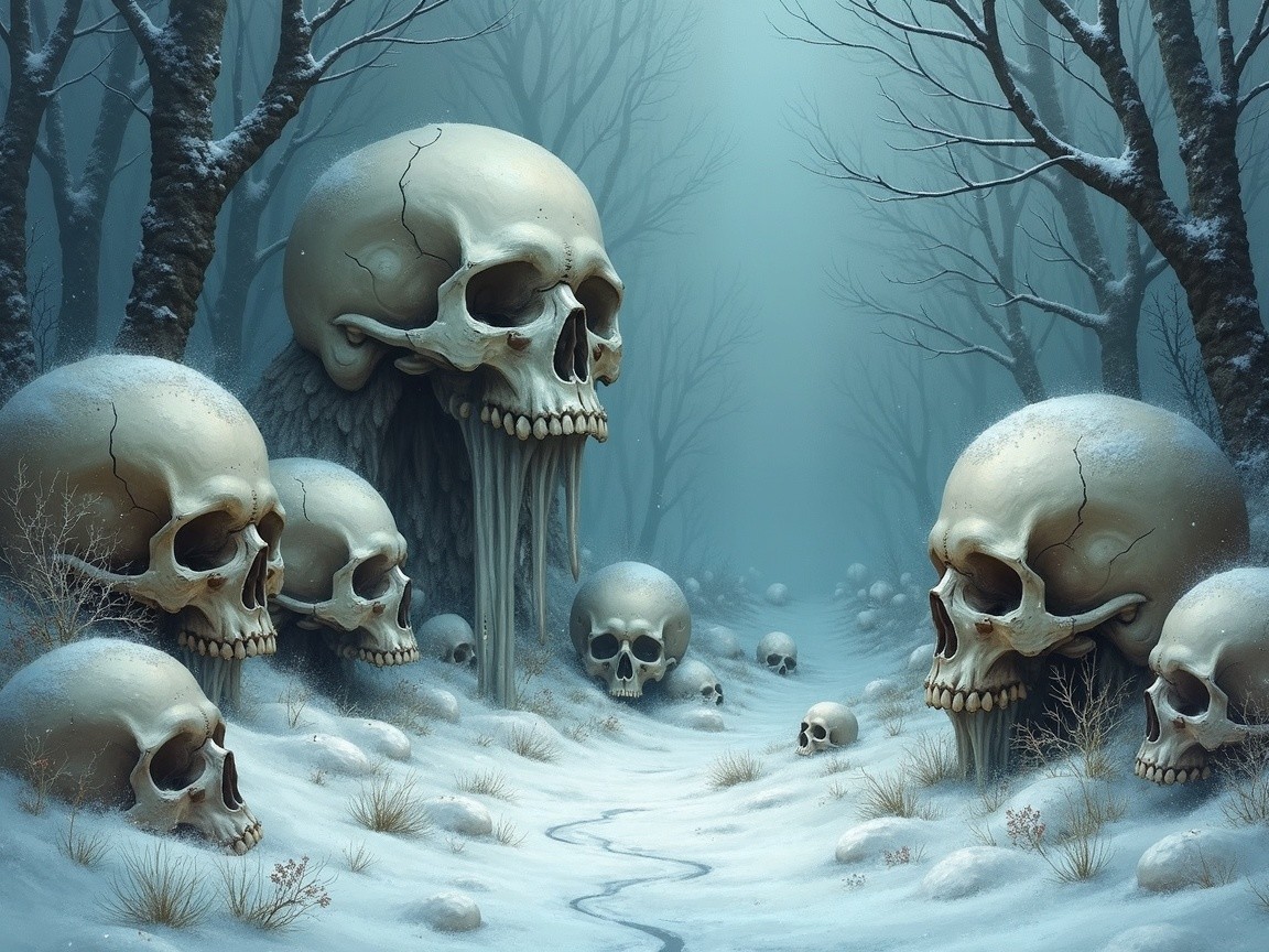 Haunting Wintry Forest with Large Skulls and Fog