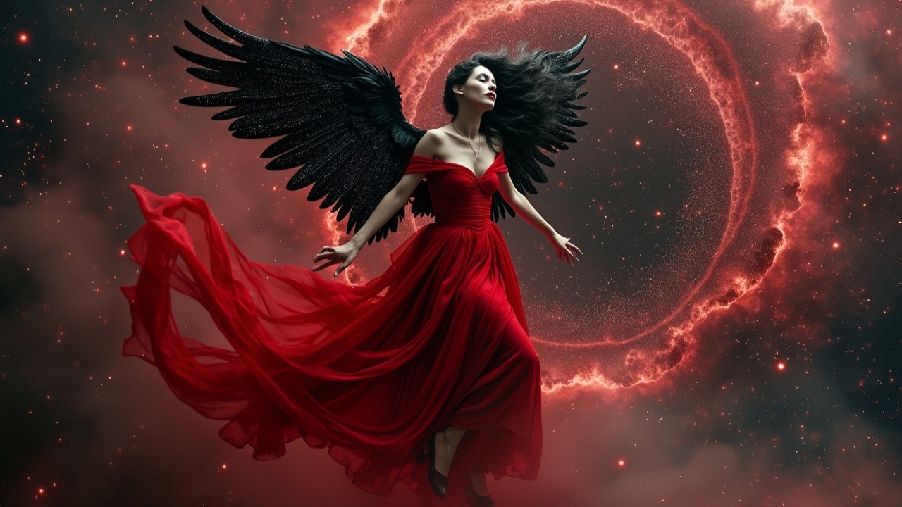 Woman with Black Wings in Cosmic Scene